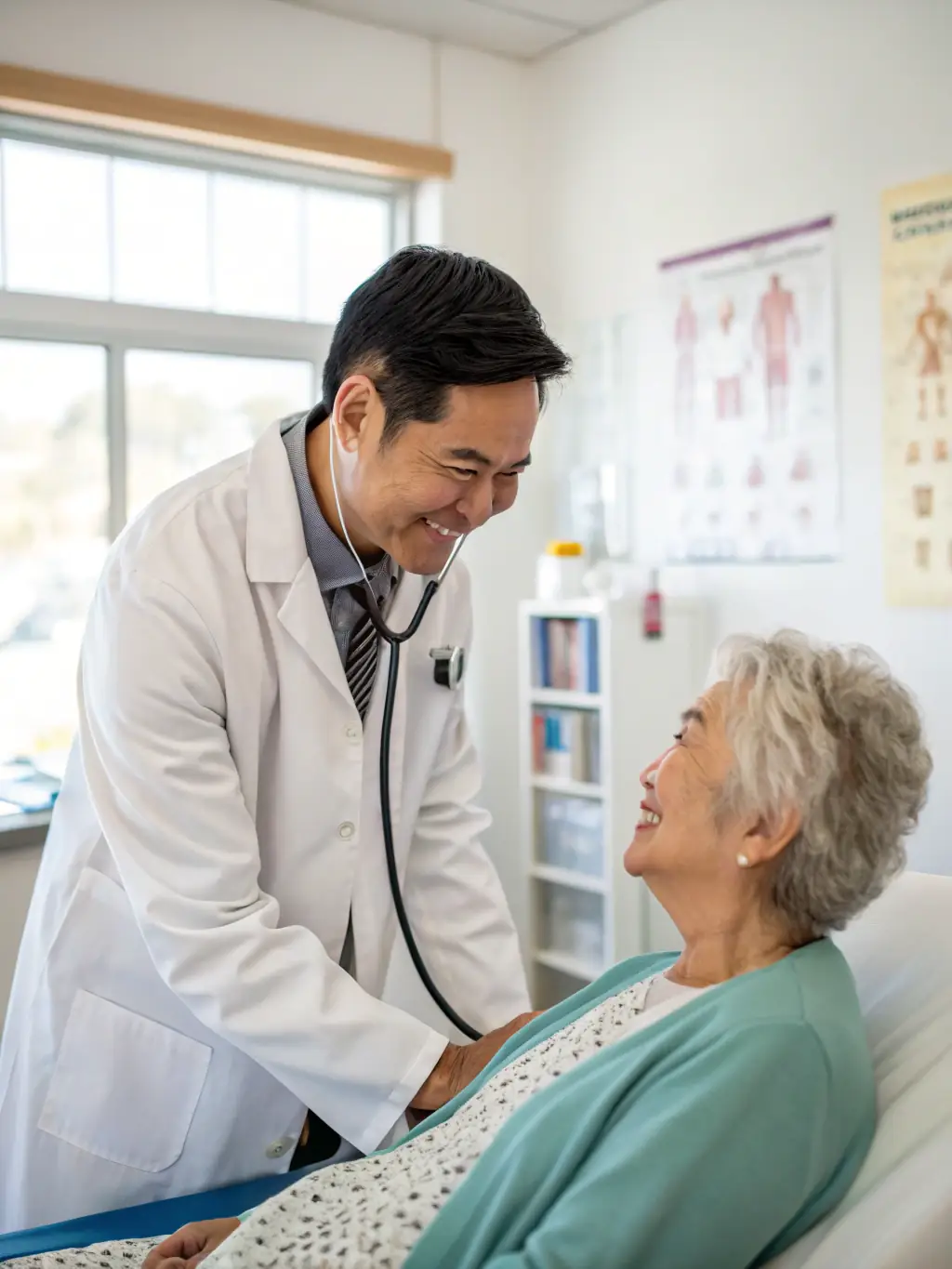 A doctor using a stethoscope to listen to a patient's heart during a check-up, emphasizing comprehensive medical care.
