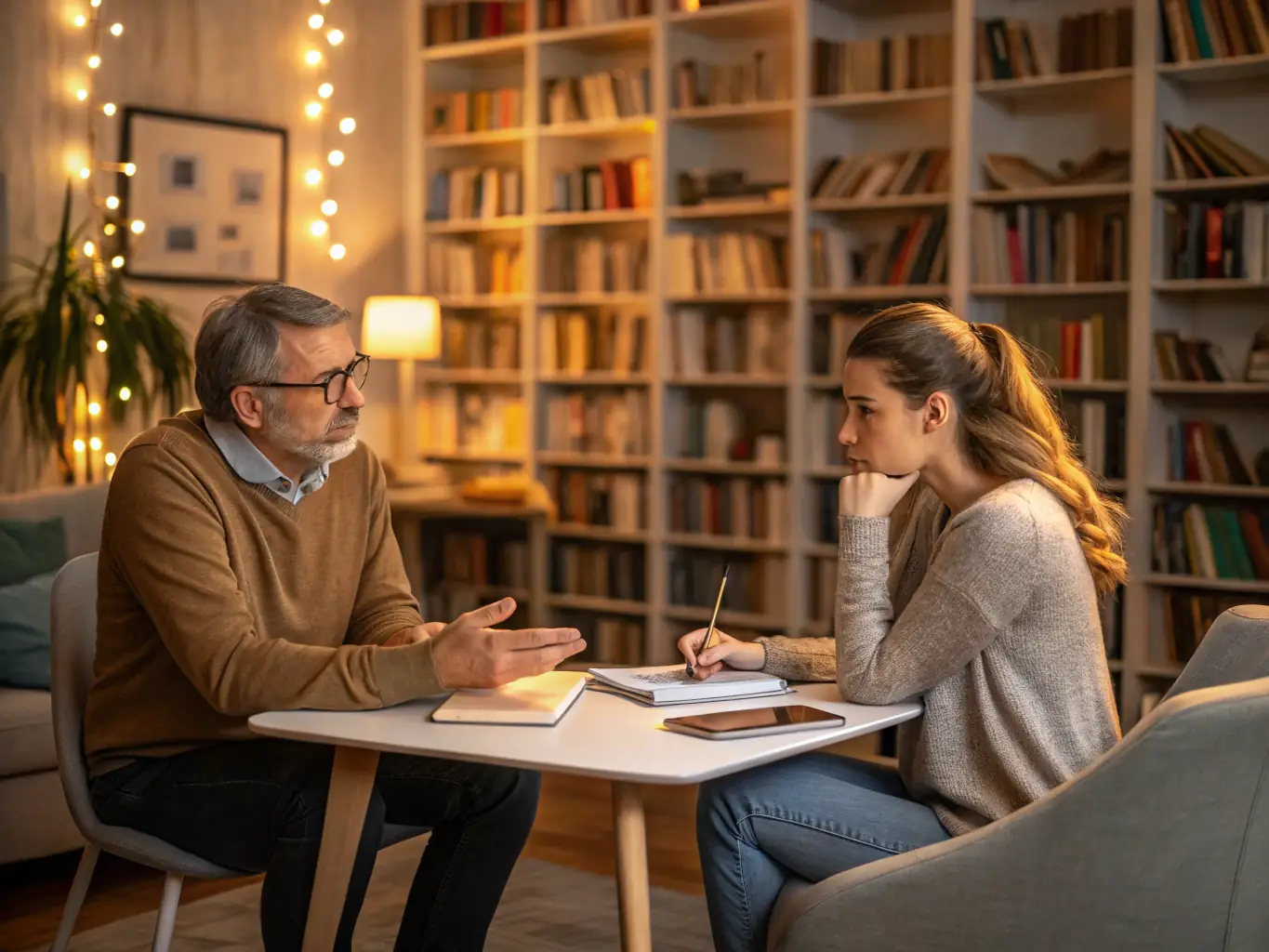A therapist in a calm, supportive office environment, listening attentively to a patient, symbolizing mental health support and counseling.