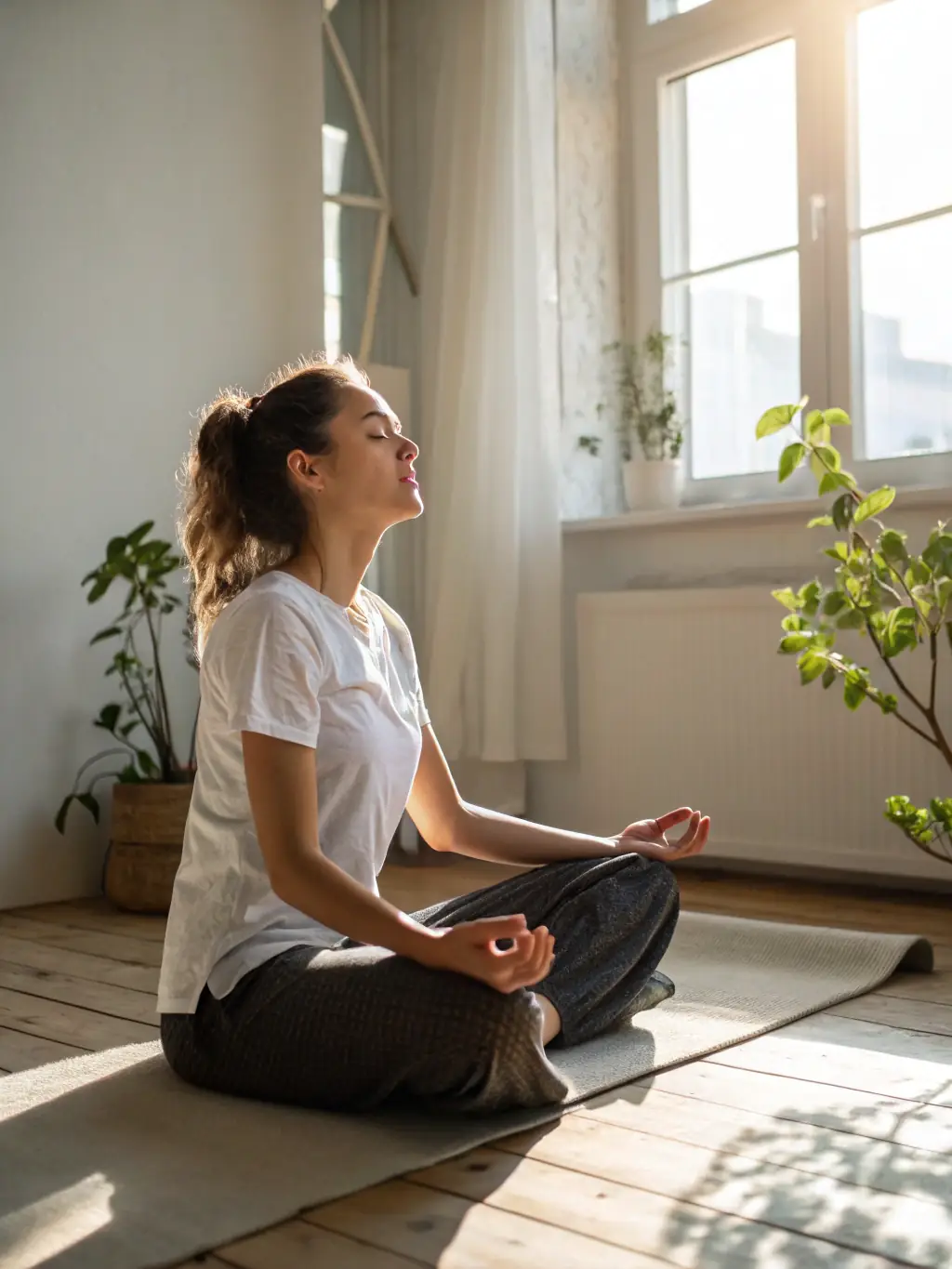 A person meditating in a peaceful environment, representing mental health support and stress reduction.