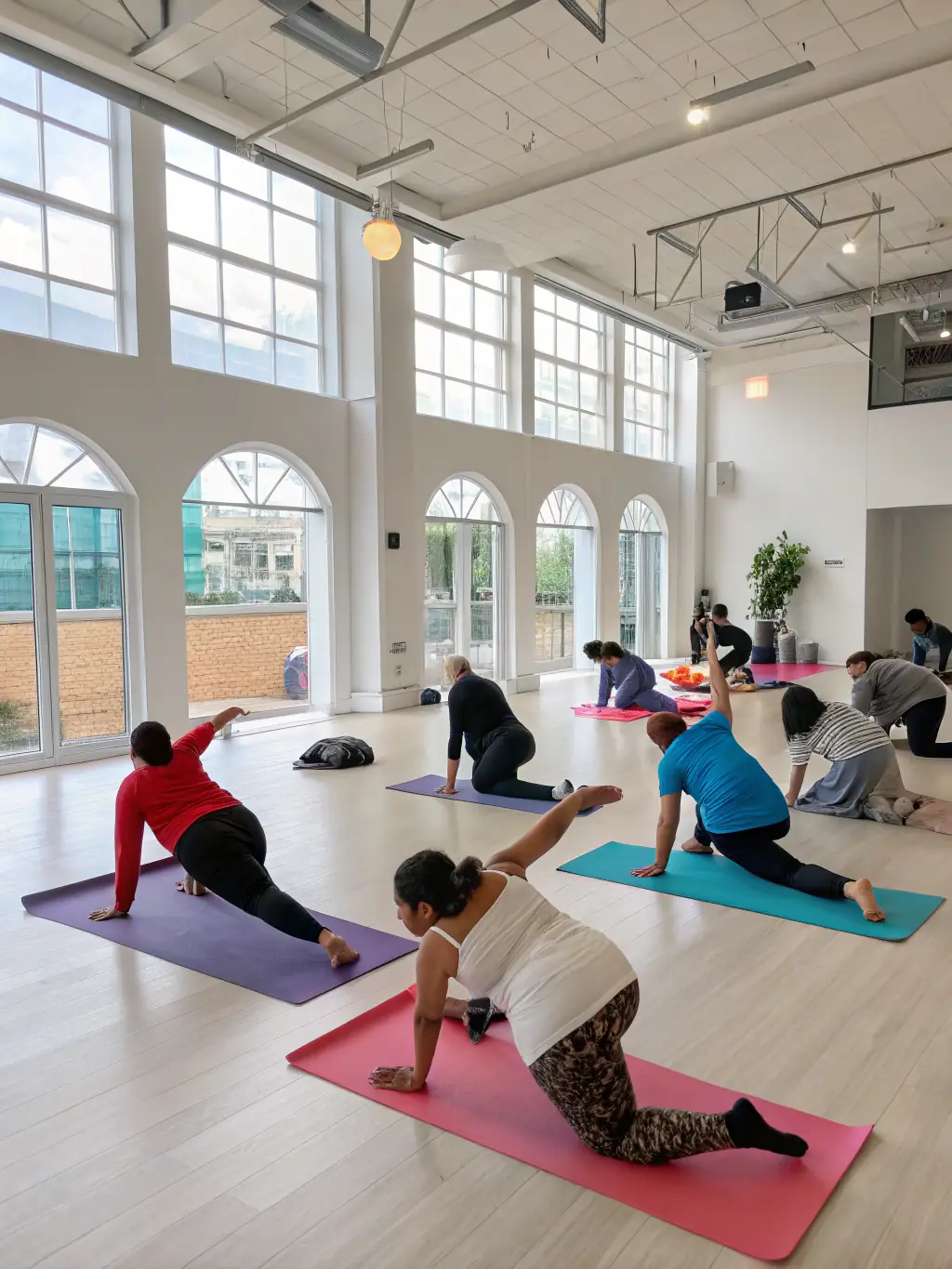 A diverse group of people participating in a wellness program, such as a yoga class or a health seminar, promoting preventative care.