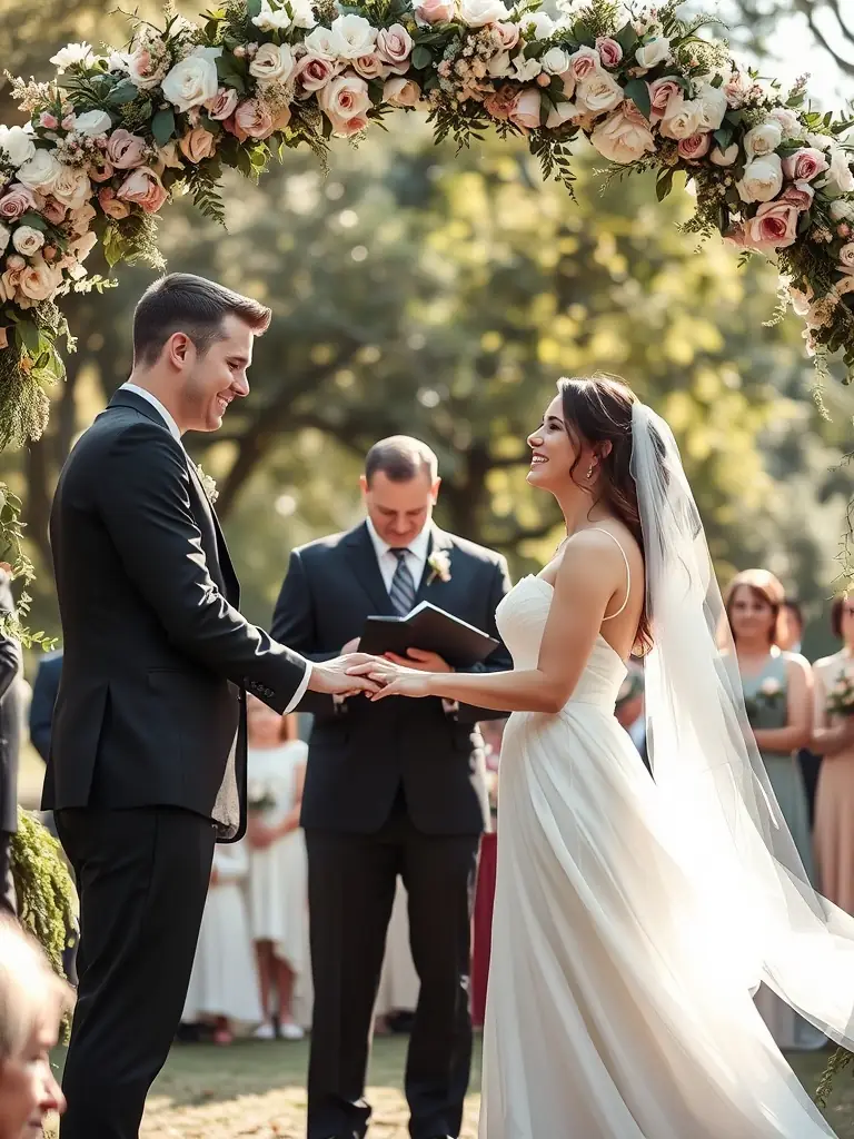 A bride and groom exchanging vows during a wedding ceremony, with a professional photographer capturing the heartfelt moment.