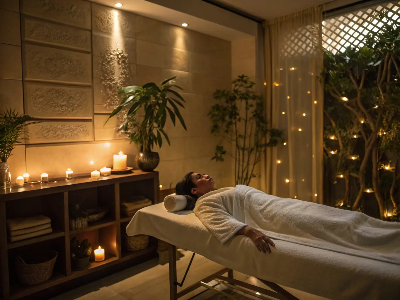 A serene image of a person receiving a relaxing massage in a dimly lit room with soft, ambient lighting, showcasing the calming atmosphere of the spa.