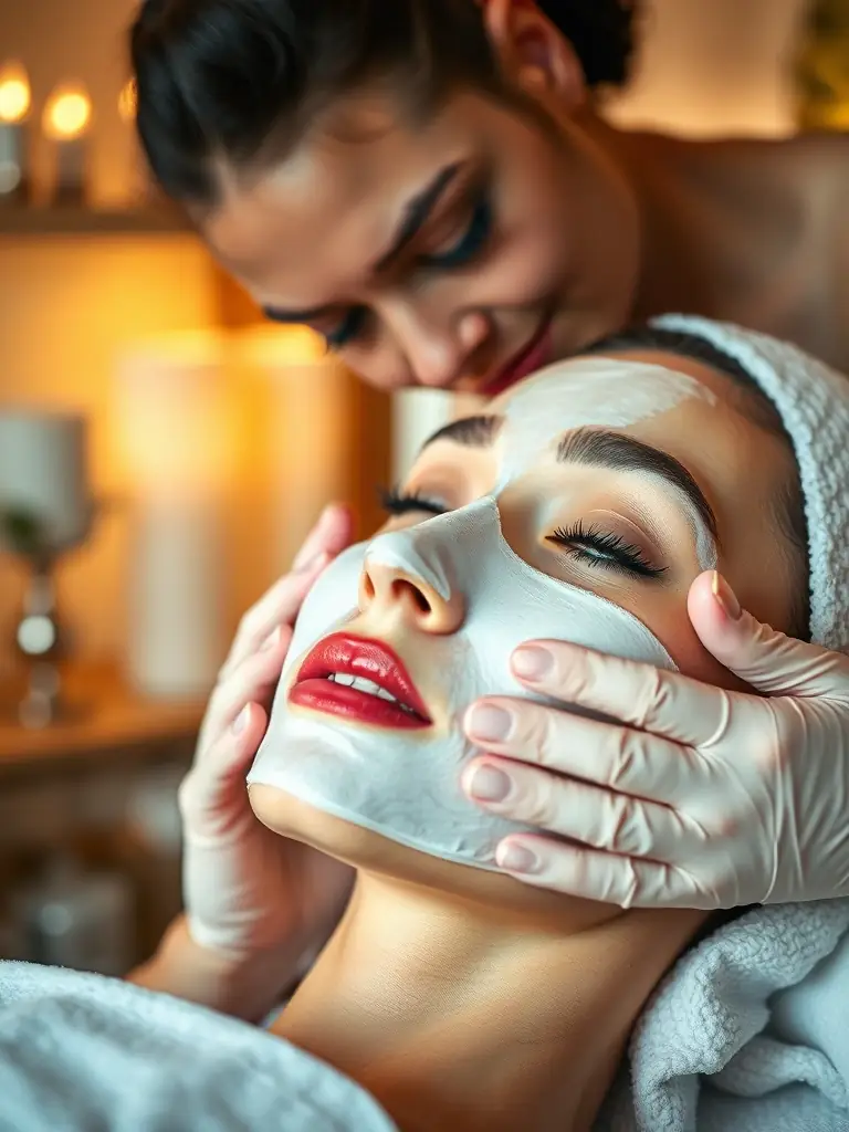 Close-up shot of a client receiving a facial treatment at Name Wellness Studio, with the esthetician applying a nourishing mask. The image should convey relaxation and skincare expertise.