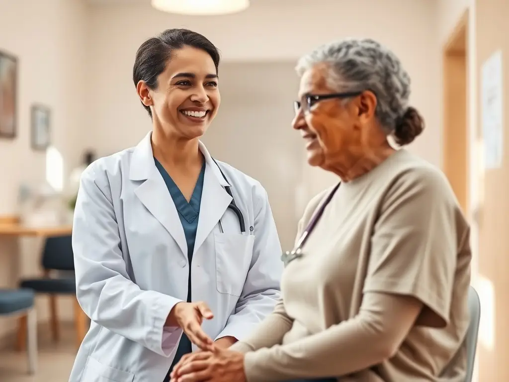 A friendly, professional doctor in a white coat smiling reassuringly at a patient in a modern clinic setting, conveying trust and expertise.