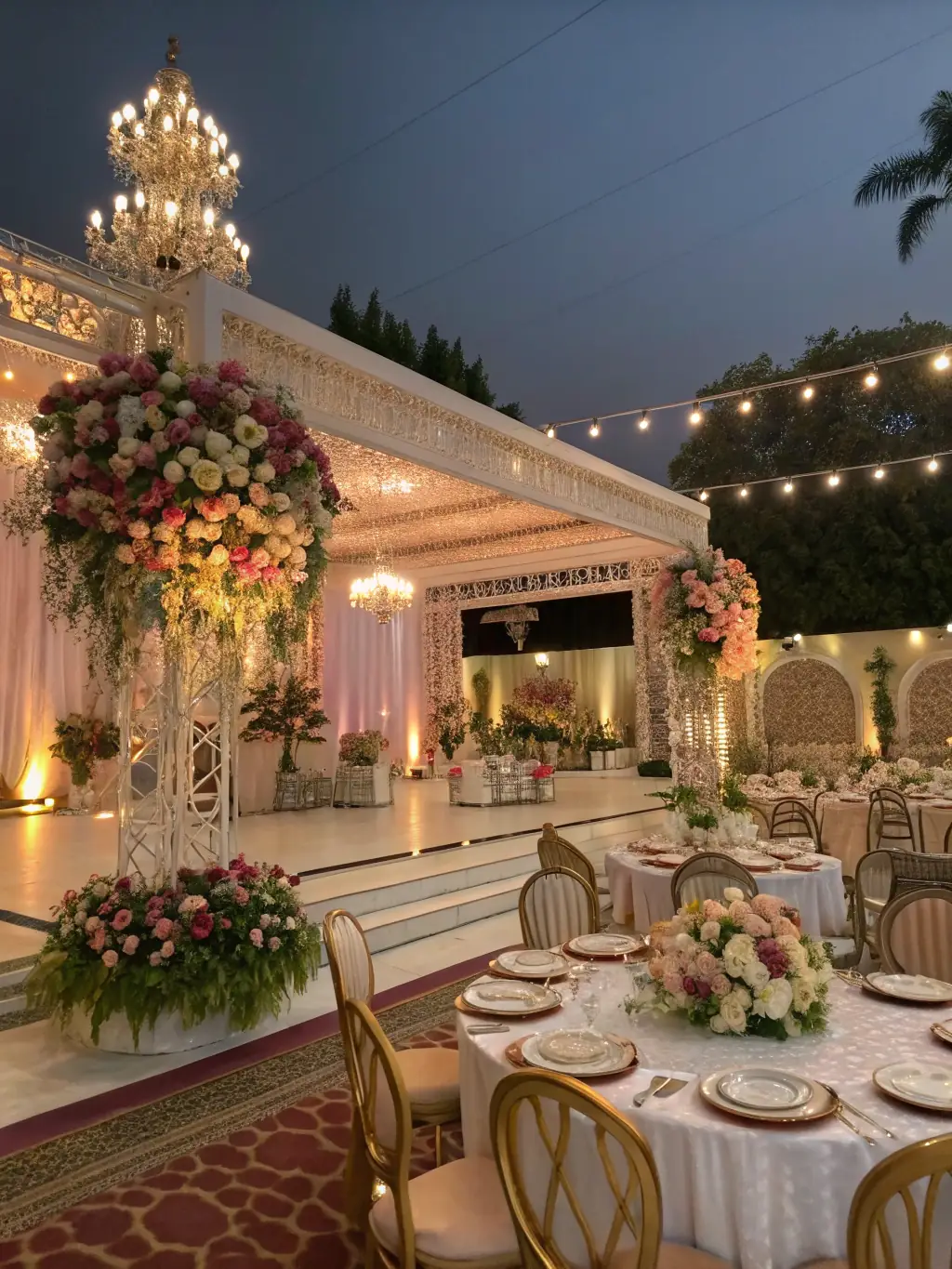 A beautifully decorated wedding venue with elegant floral arrangements and soft lighting, showcasing a romantic and sophisticated atmosphere.