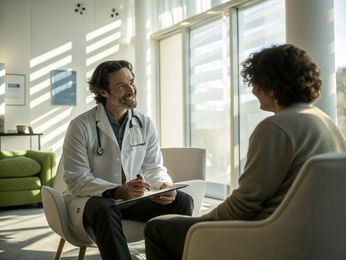 A doctor in a white coat smiling and consulting with a patient in a modern, well-lit office, emphasizing the personal and caring aspect of medical consultations.