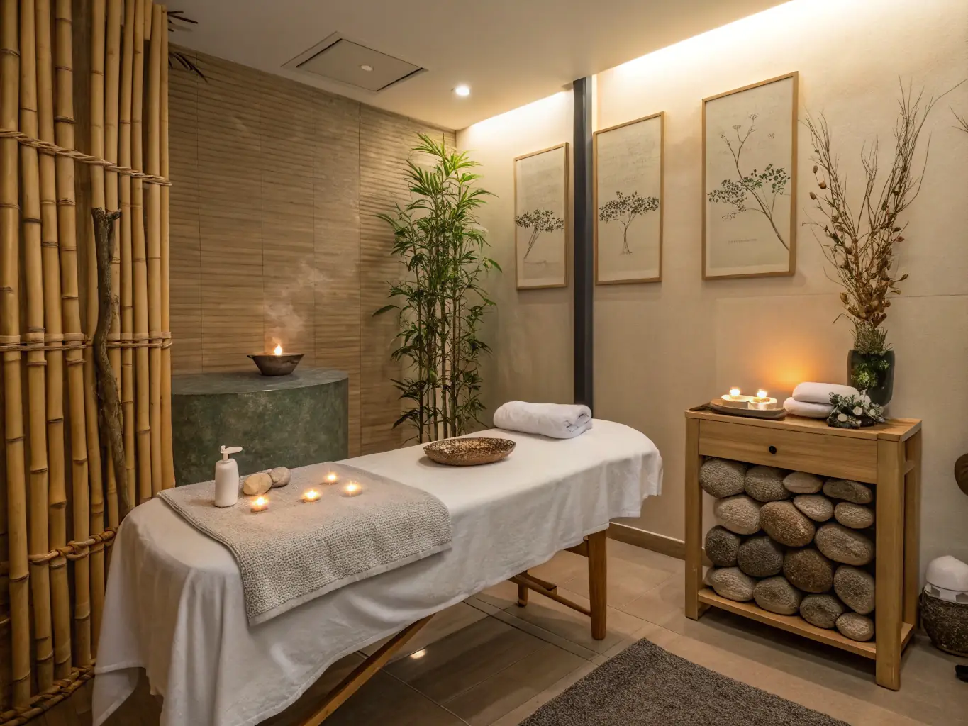 A serene spa room with soft lighting, aromatherapy diffusers, and a massage table prepared for a relaxing massage session. The image should convey tranquility and comfort.