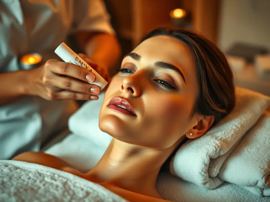 A close-up shot of a person receiving a revitalizing facial, showcasing the application of skincare products and the gentle touch of the esthetician. The image should highlight the rejuvenating effects of the facial.