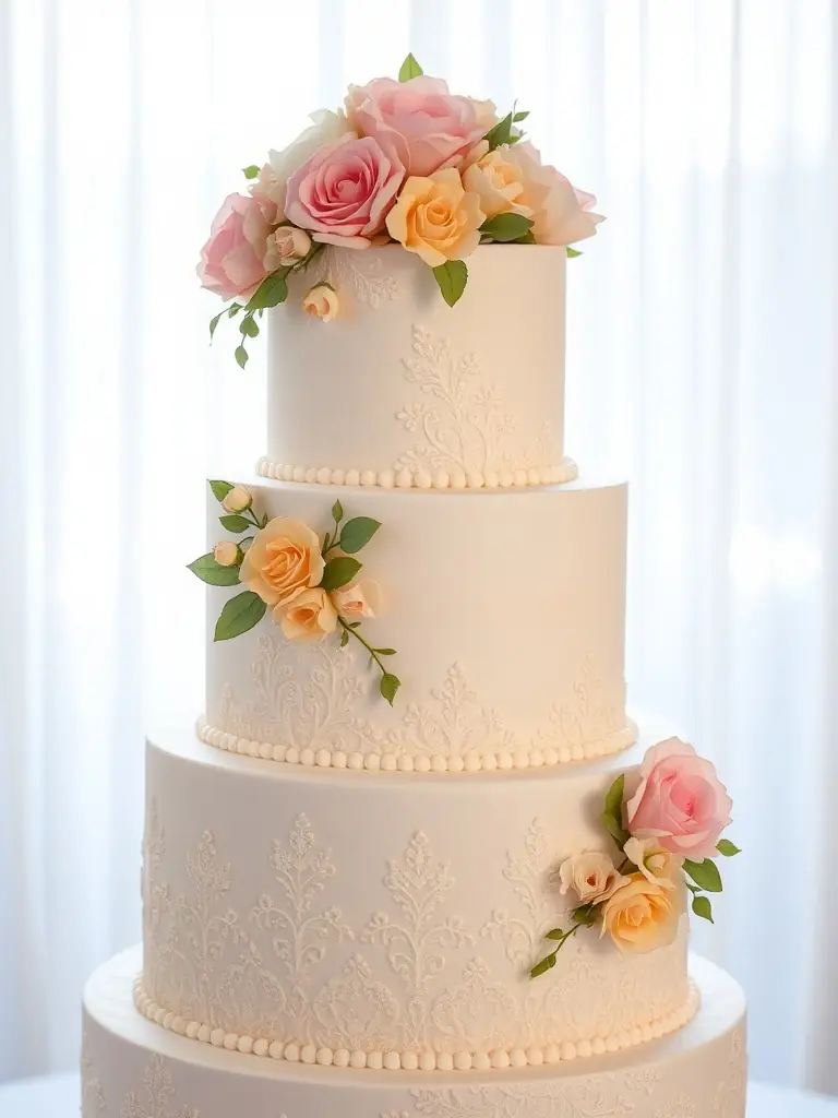 A close-up of a stunning wedding cake with intricate designs and delicate sugar flowers, highlighting the artistry and craftsmanship.