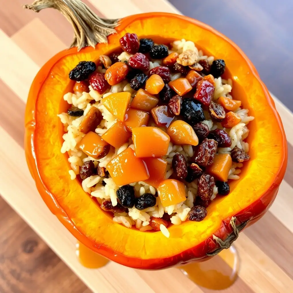 A beautifully plated serving of Ghapama, a pumpkin stuffed with rice, dried fruits, and nuts, drizzled with honey.