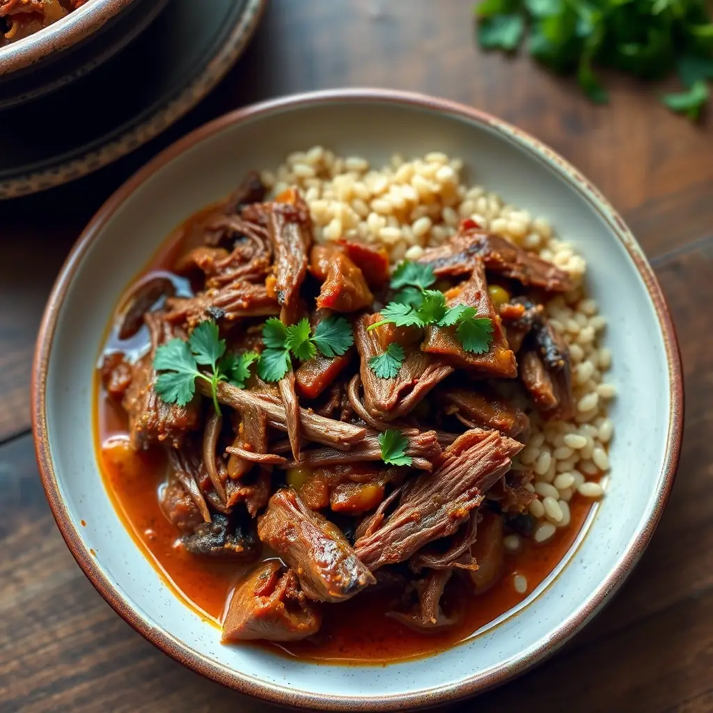 A close-up shot of a plate of Harissa, a traditional Armenian dish made with boiled wheat and meat, garnished with fresh herbs.