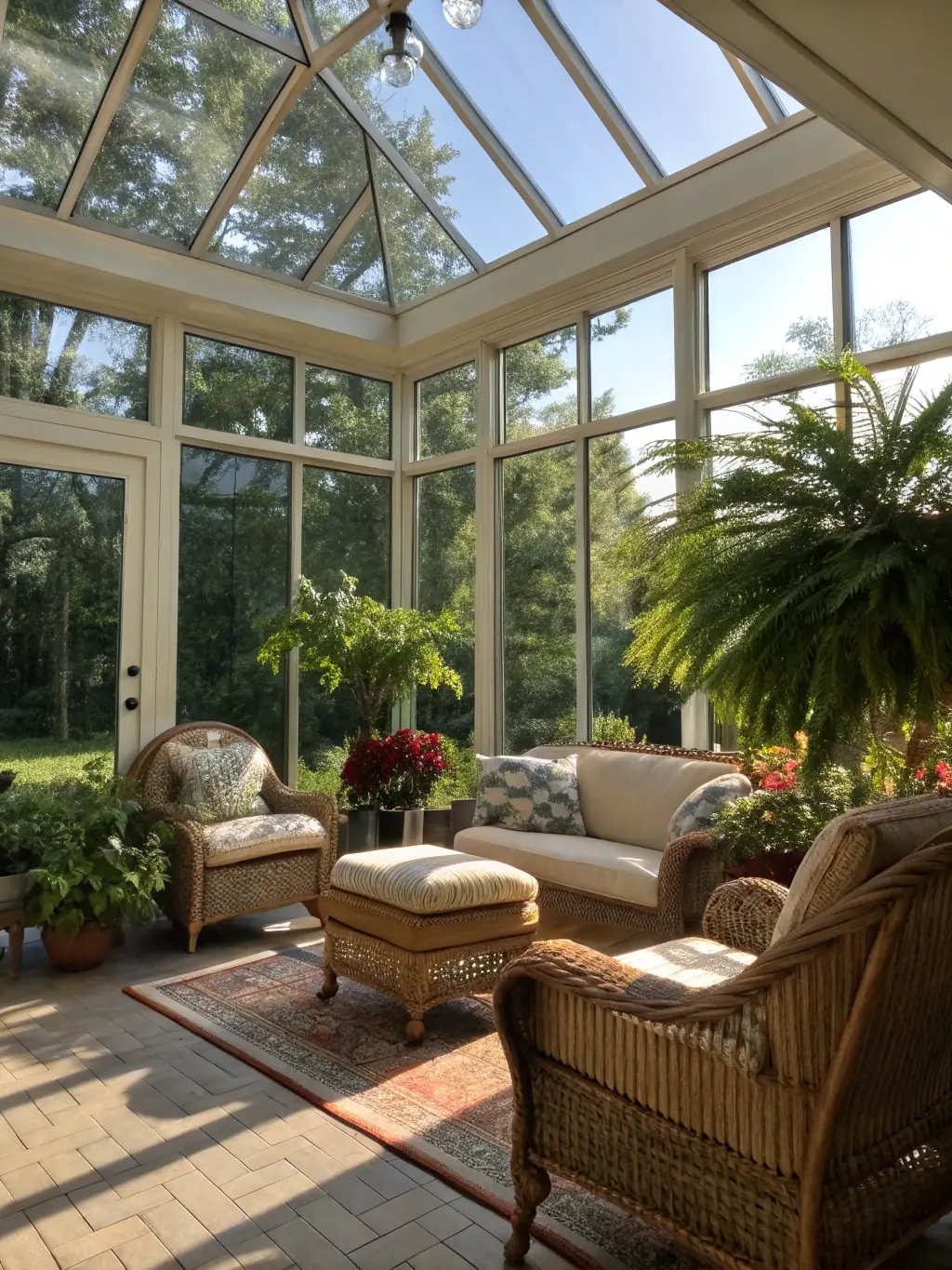 A spacious conservatory with large glass panels, filled with natural light and comfortable furnishings. The conservatory seamlessly blends with the home's architecture.