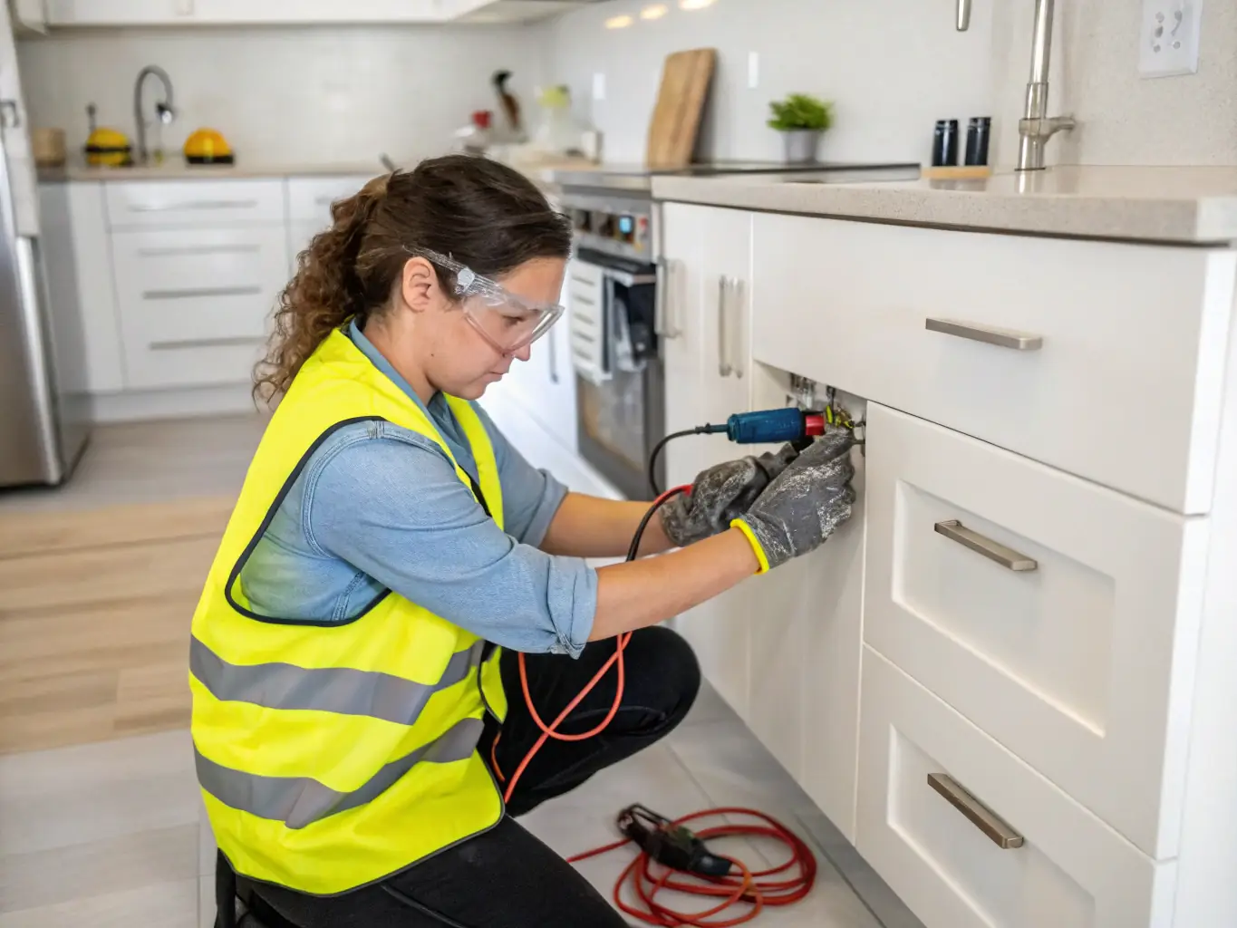 A professional electrician installing new electrical wiring in a residential home, ensuring safety and compliance with local codes.