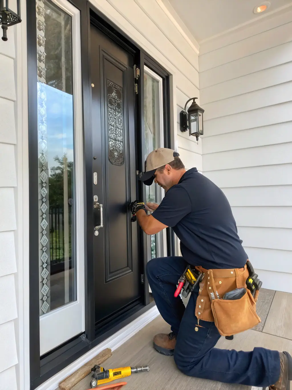 A stylish front door being installed, highlighting secure locking mechanisms and high-quality finishes. The door is a vibrant color and complements the home's exterior.