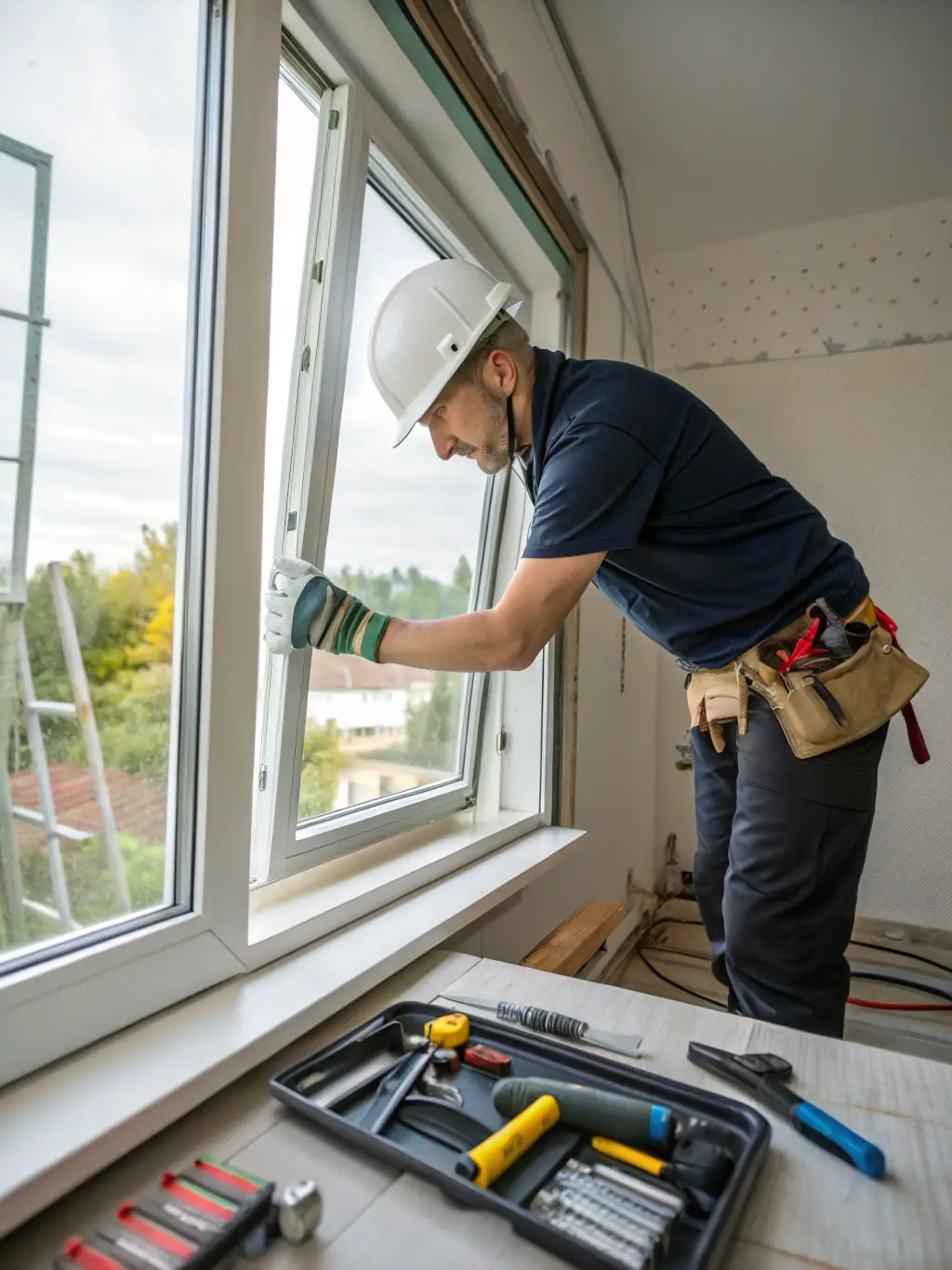 A professional installer fitting a modern, double-glazed window into a residential property, showcasing precision and care. The installer is using professional tools and wearing appropriate safety gear.