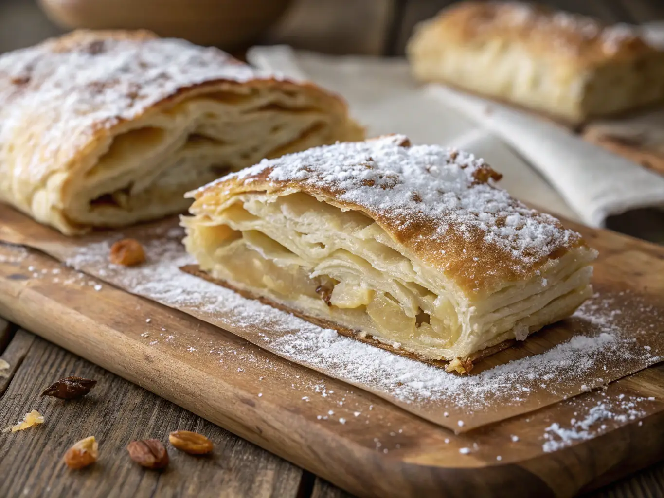 A tempting photograph of 'Gata, ' a sweet Armenian pastry, showcasing its flaky layers and sweet filling, arranged on a decorative plate with a cup of Armenian coffee.