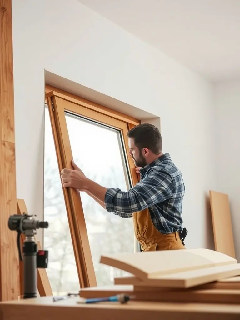 A close-up shot of a skilled technician carefully aligning a window frame during installation, demonstrating the precision and care taken by Highbury First Class Glazing.
