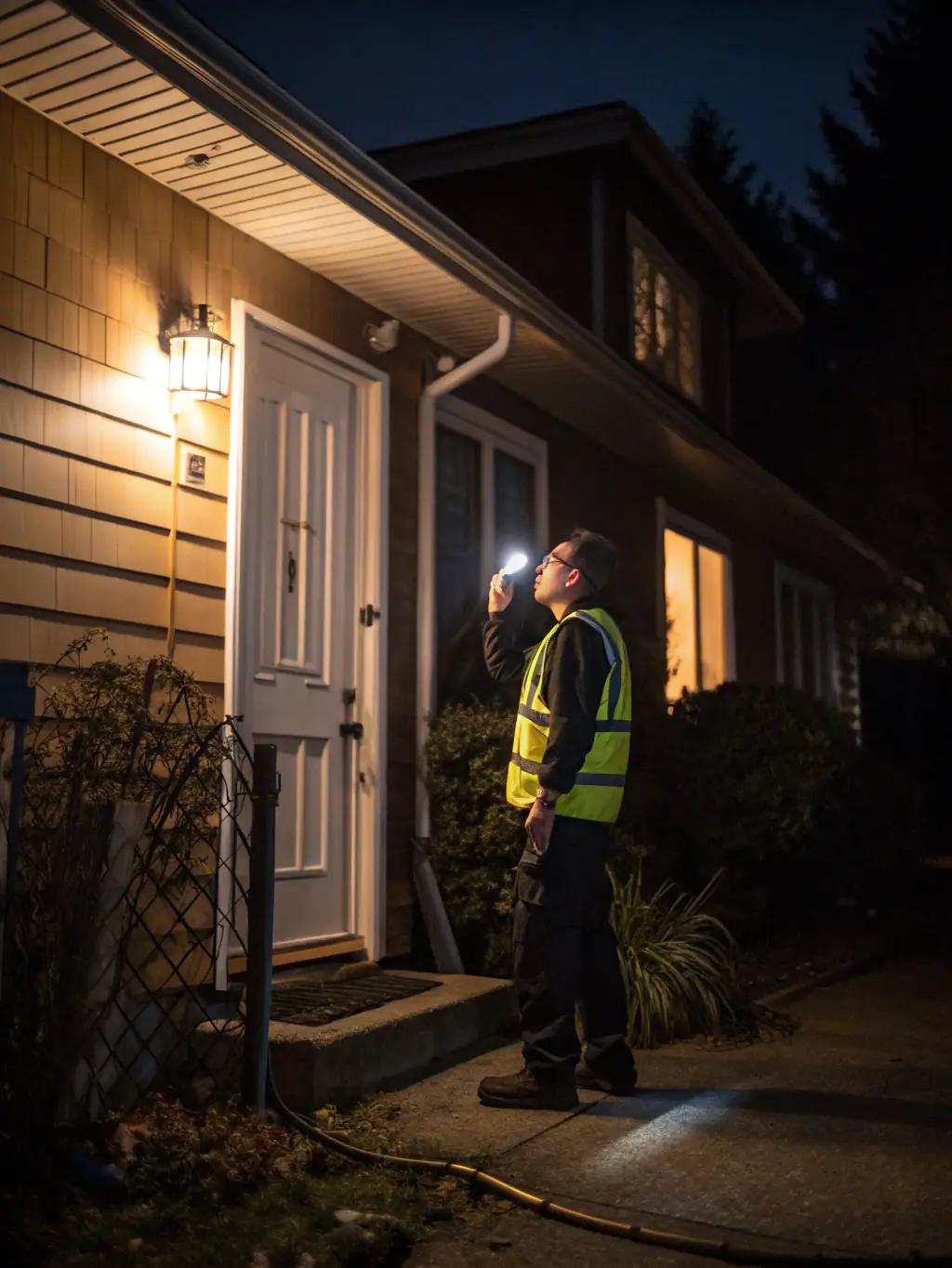 An electrician responding to an emergency situation with safety gear and tools, highlighting the emergency electrical repairs service.