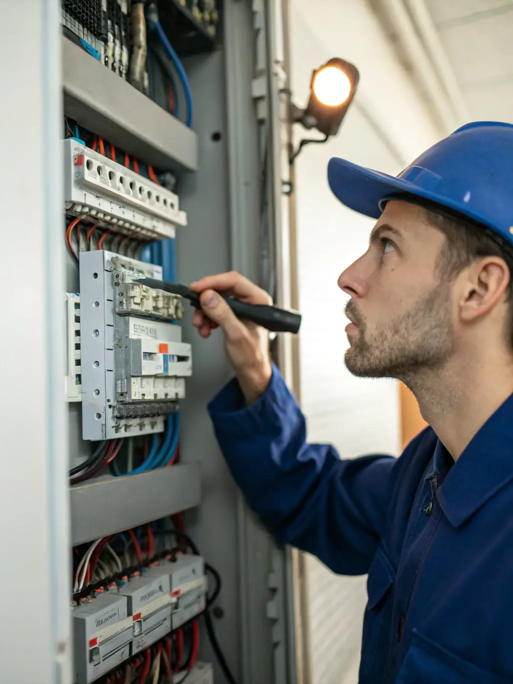 A fuse box being inspected by a qualified electrician, ensuring safety and compliance with electrical standards.
