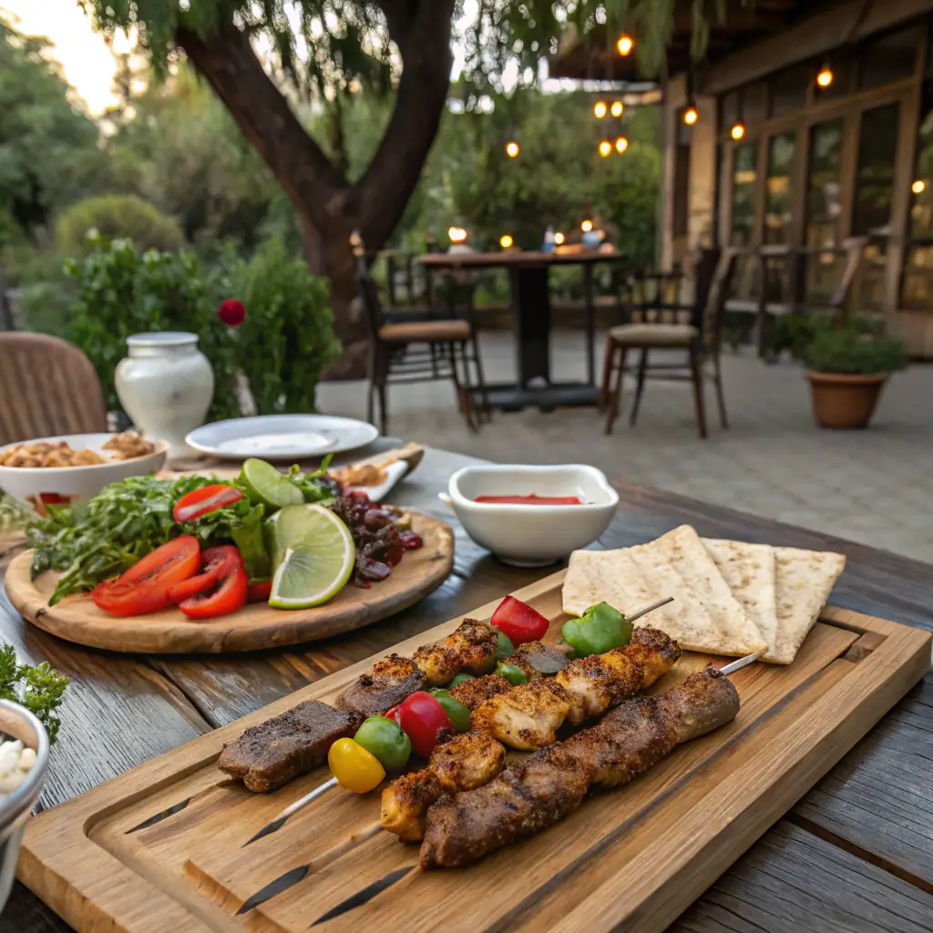 A vibrant image of Khorovadz, Armenian barbecue, with grilled meats and vegetables on skewers, served with lavash bread.