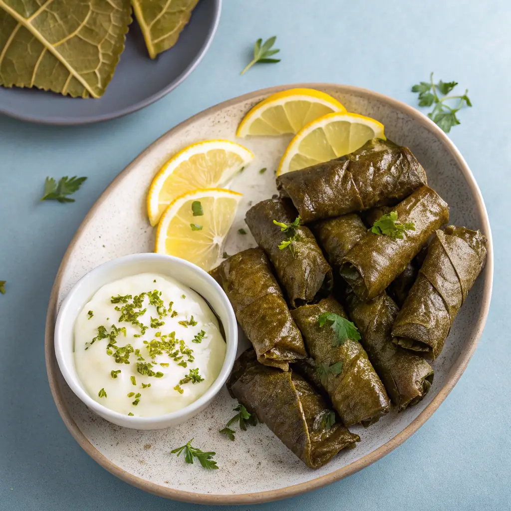 A tempting shot of a plate of Dolma, grape leaves stuffed with a mixture of rice, herbs, and ground meat, served with yogurt sauce.
