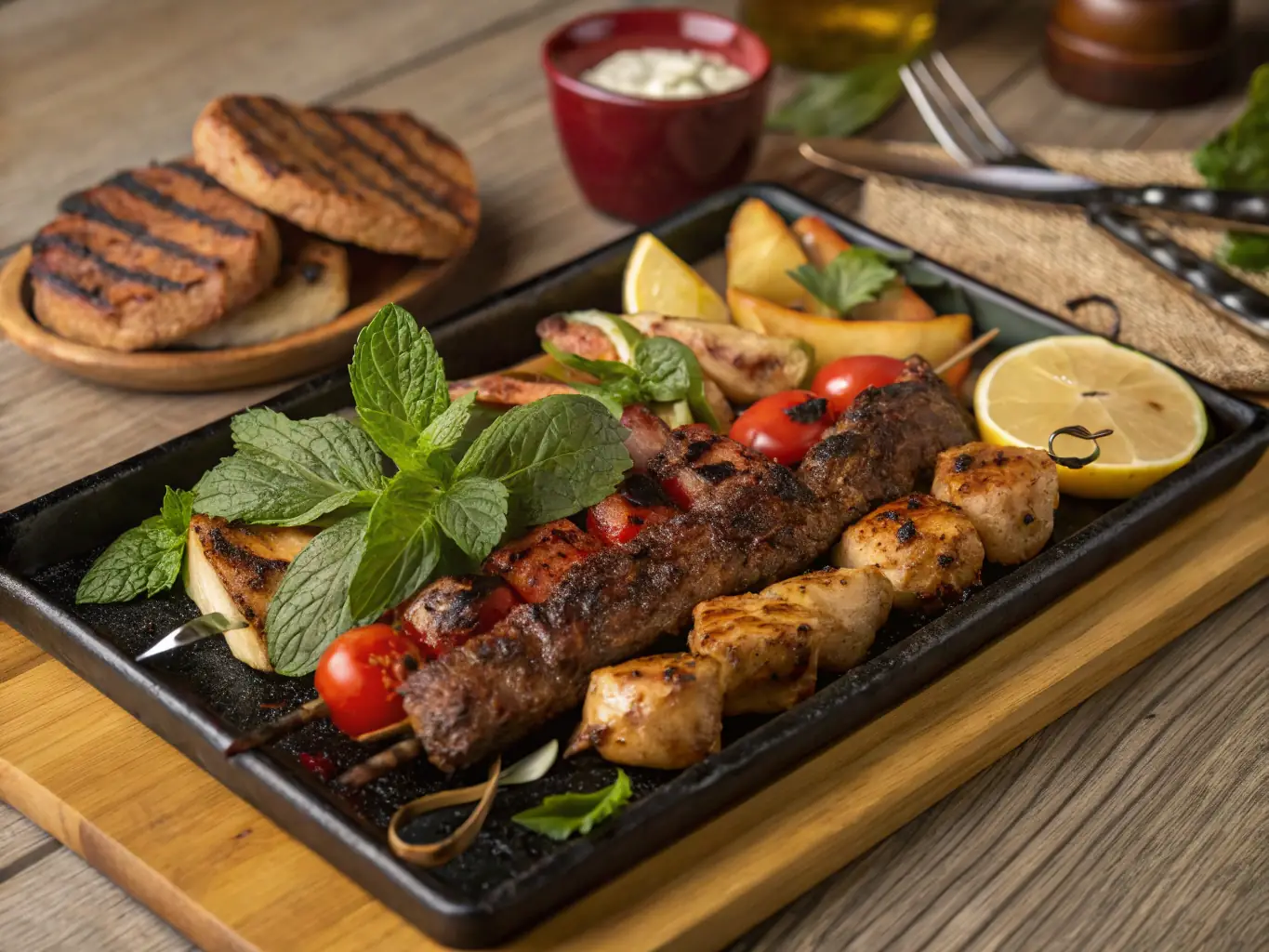 A beautifully styled image of 'Khorovadz, ' Armenian barbecue, featuring various grilled meats and vegetables on skewers, presented on a wooden platter with traditional lavash bread and dipping sauces.