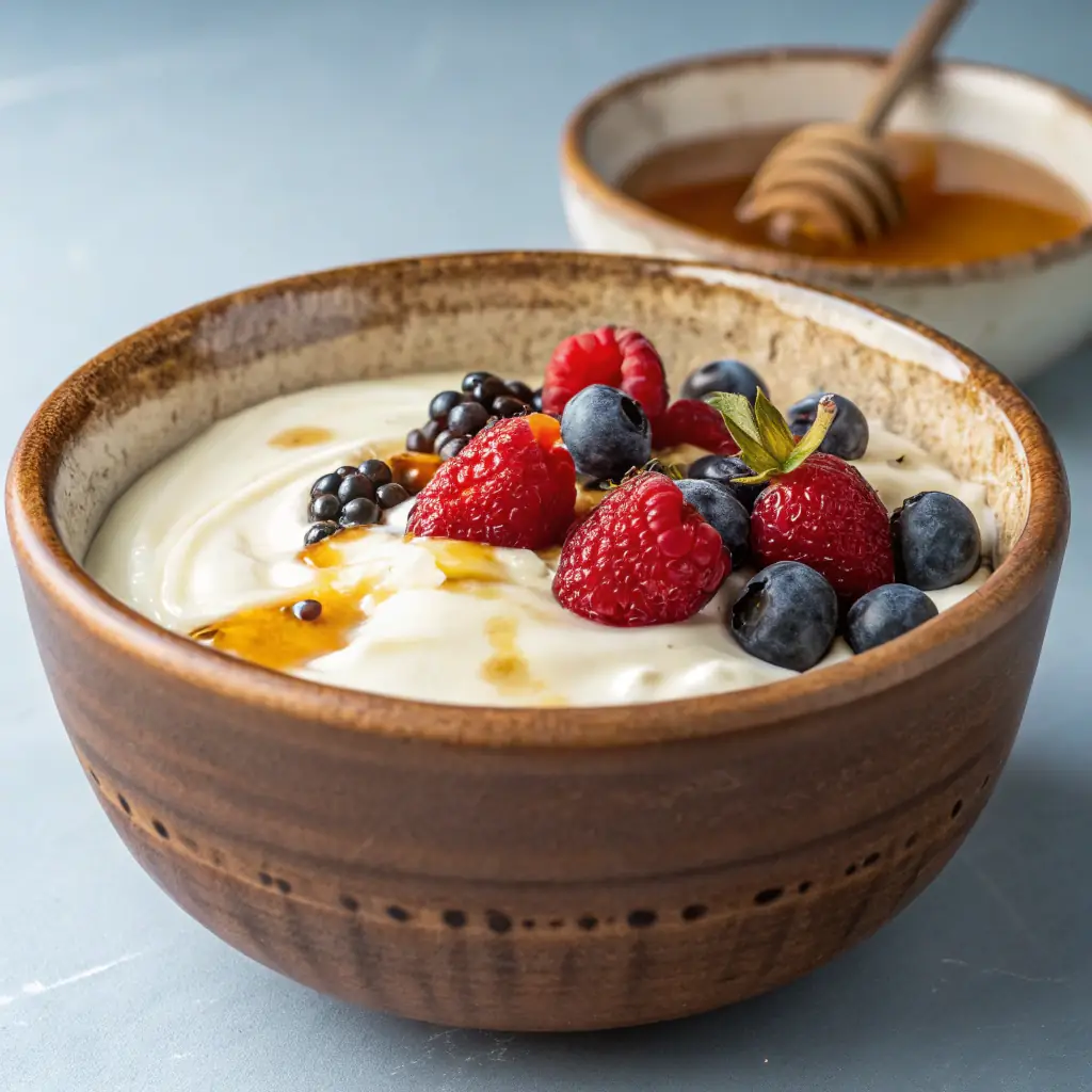 A close-up of a bowl of Spas, a creamy yogurt soup with wheat berries and herbs, garnished with fresh mint.