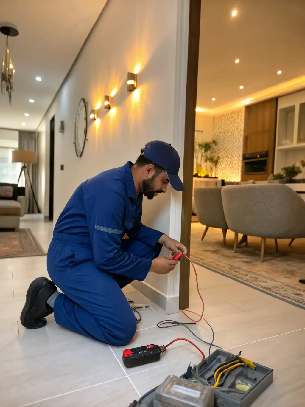 An electrician installing new wiring in a modern residential home, with visible cables and tools, showcasing the electrical wiring and rewiring service.