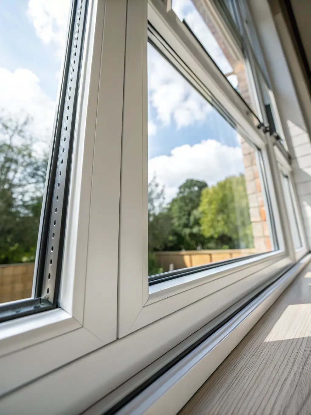 A close-up of a Rehau window showcasing its sleek design and energy-efficient features. The window is installed in a modern home with natural light streaming through.