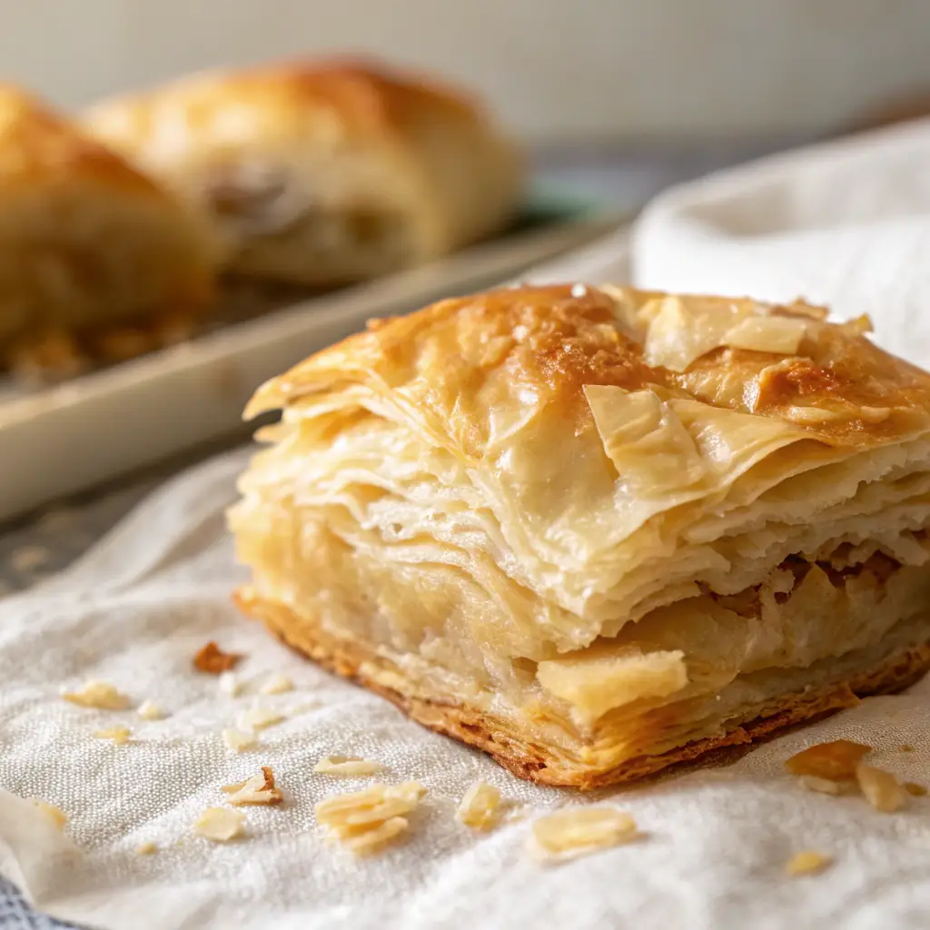 A delectable image of Gata, a traditional Armenian pastry, with layers of flaky dough and a sweet filling, sprinkled with sesame seeds.