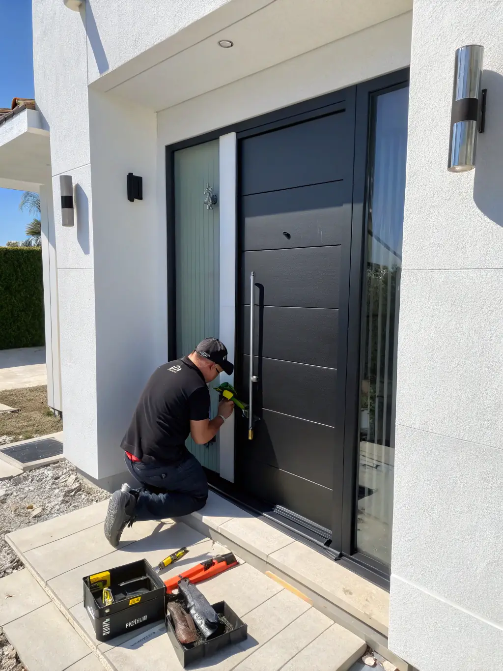 A craftsman fitting a secure, stylish composite front door on a traditional brick house, highlighting the attention to detail and quality materials.