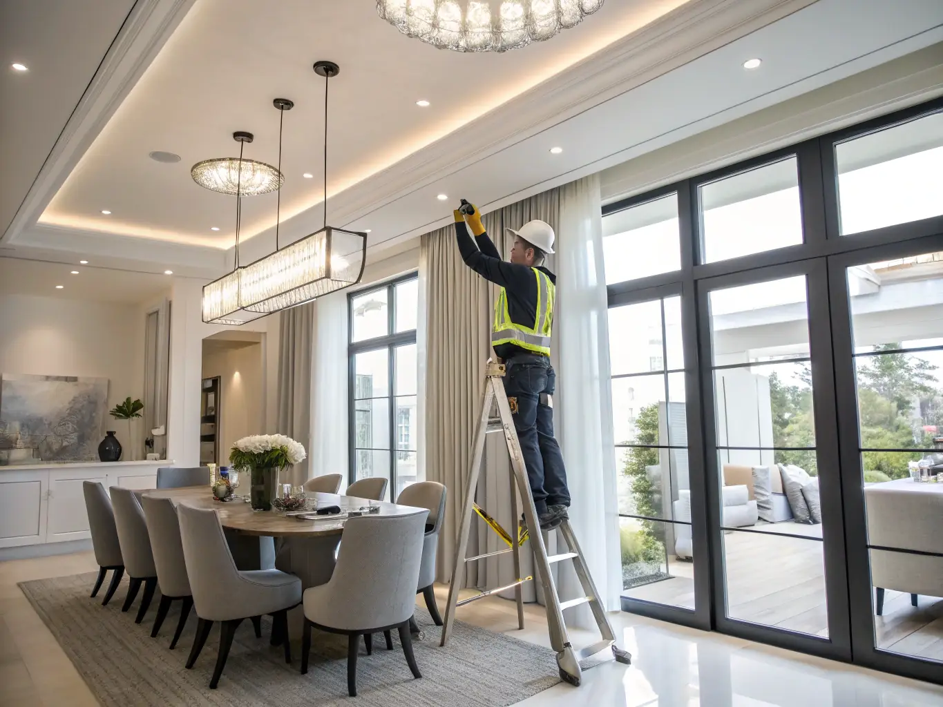A modern kitchen with newly installed LED lighting, showcasing energy efficiency and aesthetic appeal.